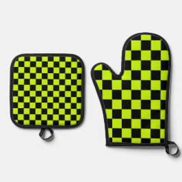 Acid green black checkerboard pattern ofenhandschuh & Topflappen-Set