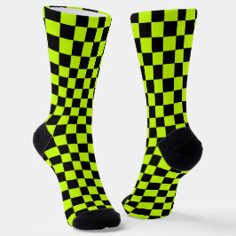 Acid green black checkerboard pattern socken