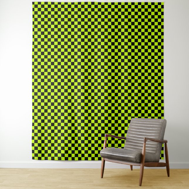 Acid green black checkerboard pattern wandteppich (Beispiel)