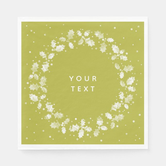 Acid Green Hand gedruckt Holly Wreath Weihnachten Serviette (Vorderseite)