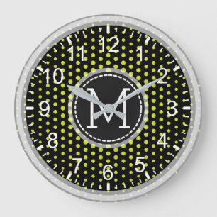 Acid Green Polka Dots Modern Monogram Große Wanduhr