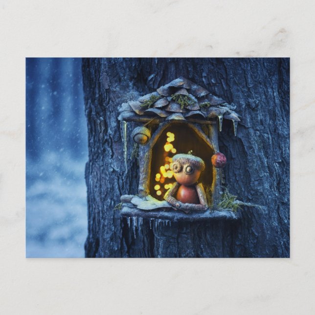 Acorn Elf Blick aus dem Fenster Winter Postkarte (Vorderseite)