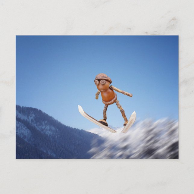Acorn Elf fliegt auf der Skis Winterpostkarte Postkarte (Vorderseite)