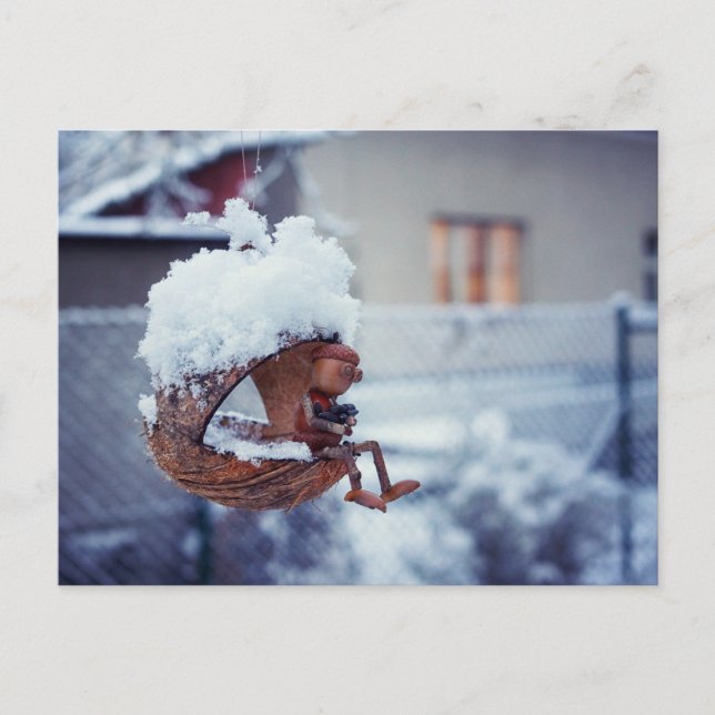 Acorn Elf fütternd Vögel Winterpostkarte Postkarte (Vorderseite)
