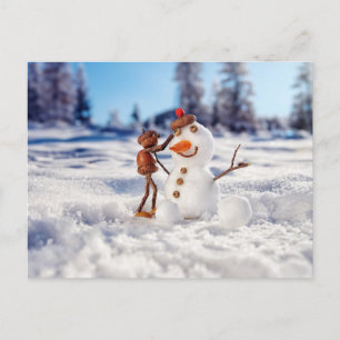 Acorn Elf macht einen Schneemann Winterpostkarte Postkarte