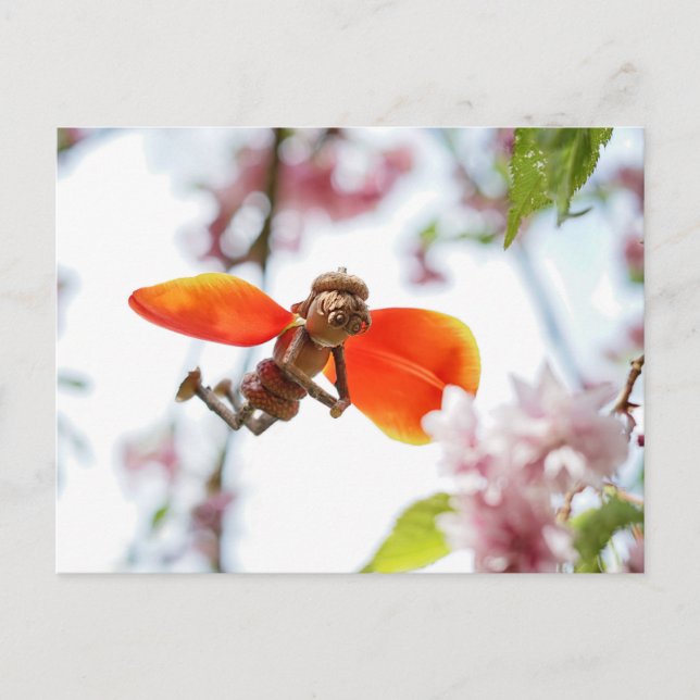 Acorn elf Mädchen als Tulpenmärchen Frühlingskarte Postkarte (Vorderseite)