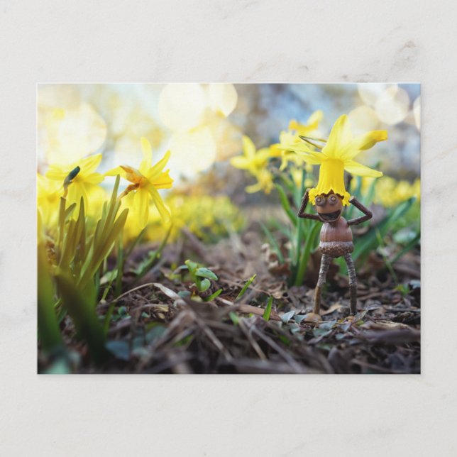Acorn elf mit dicken Blume Frühling Postkarte (Vorderseite)