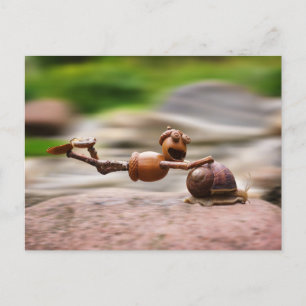Acorn elf reiten auf der Schnecke Postkarte
