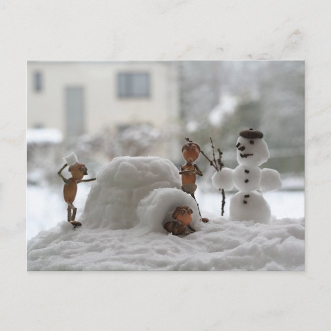 Acorn-Elfen spielen mit der Schnee-Winter-Postkart Postkarte (Vorderseite)