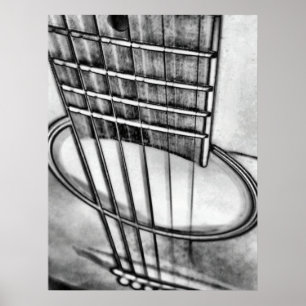 Acoustic Guitar Perspective Strings Schwarz-weiß Poster