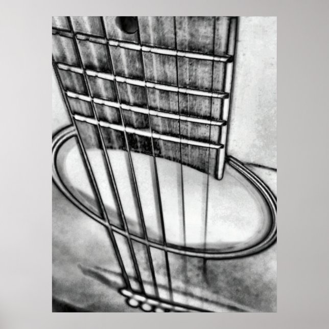 Acoustic Guitar Perspective Strings Schwarz-weiß Poster (Vorne)