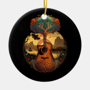 Acoustic Guitar Tree by Lake Guitarist Sunset Keramik Ornament