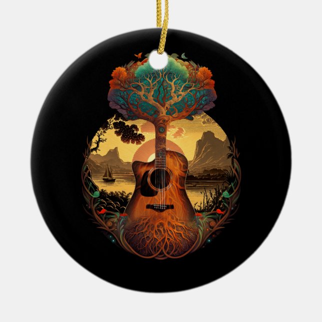 Acoustic Guitar Tree by Lake Guitarist Sunset Keramik Ornament (Vorne)