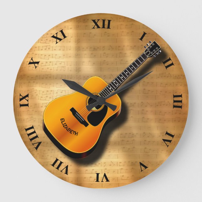Acoustic Vintage Guitar With Musician Custom Name Große Wanduhr (Vorderseite)