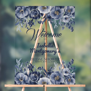 Acryl-Chinoiserie-Blumen-Willkommensschild in Blau Acrylschild