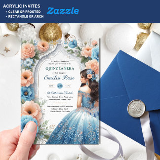 Acryl-Quinceañera-Blaue-Silber-Pfirsich-Kleid-Blum Acryleinladungen
