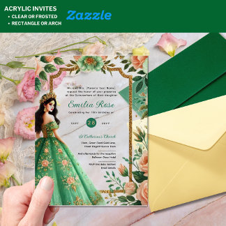 Acryl-Quinceañera-Kleid Smaragdgrün Gold Acryleinladungen
