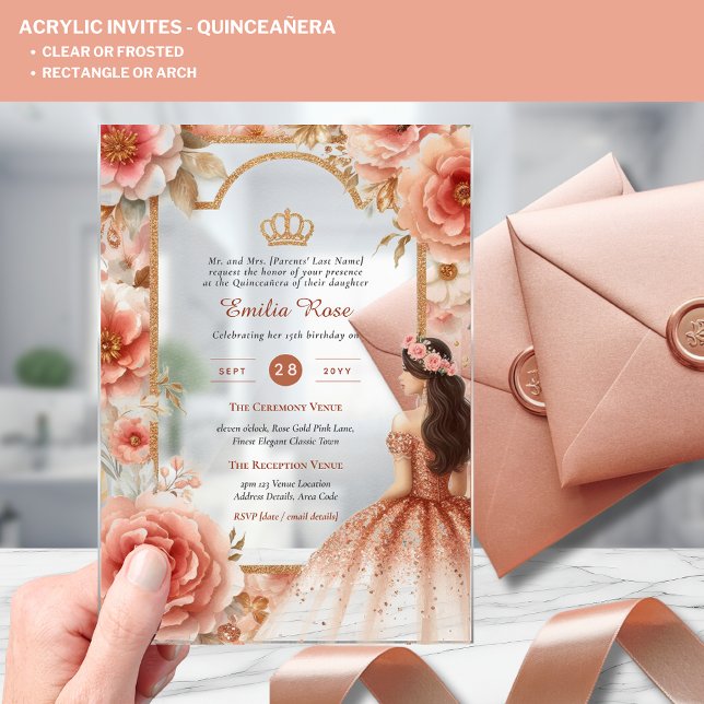 Acryl-Quinceanera-Rose-Gold-Rosa-Krone Acryleinladungen (Von Creator hochgeladen)