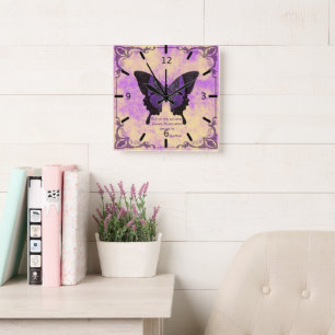 Acryl-Wanduhr Lila/Schwarzer Schmetterling Spruch  Quadratische Wanduhr