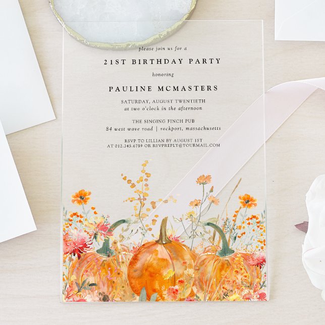 ACRYLIC 21. Geburtstag Herbst Pumpkin Wildblume Acryleinladungen (Von Creator hochgeladen)