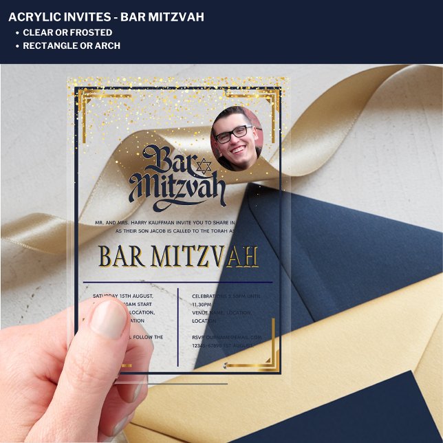 ACRYLIC BAR MITZVAH Foto Moderne Navy Gold Klasse Acryleinladungen (Von Creator hochgeladen)