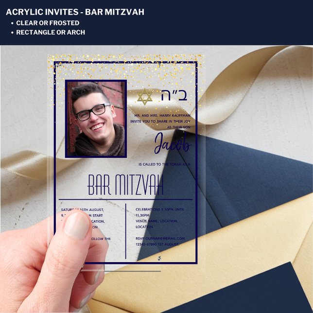 ACRYLIC BAR MITZVAH Foto Navy Gold Moderne Elegant Acryleinladungen (Von Creator hochgeladen)