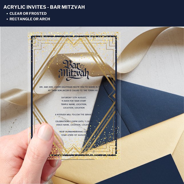 ACRYLIC BAR MITZVAH Moderne Navy Gold Klasse Acryleinladungen (Von Creator hochgeladen)