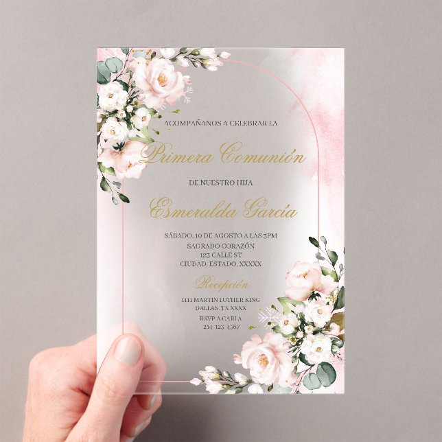 Acrylic pink floral first communion in spanish acryleinladungen (Insitu (Handheld))