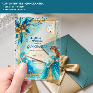 ACRYLIC Quinceanera Aquamarin Gold Floral Dress Qu Acryleinladungen