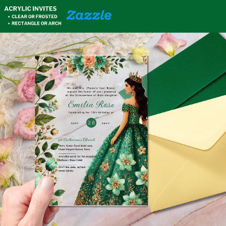 ACRYLIC Quinceañera Emerald GREEN Gold Dress Acryleinladungen