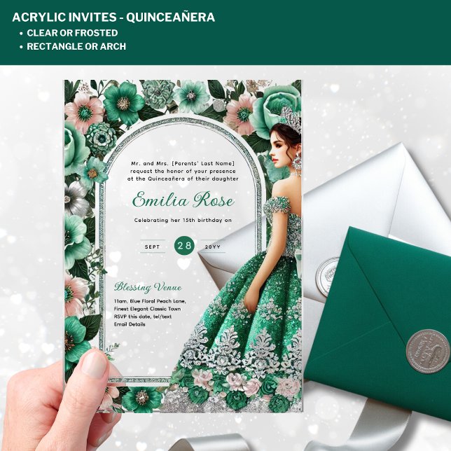 ACRYLIC Quinceañera Emerald GREEN Silver Dress Acryleinladungen (Von Creator hochgeladen)
