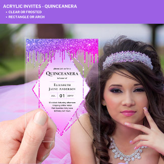 ACRYLIC Quinceanera Lila Tropfen Pink Glitzer Acryleinladungen