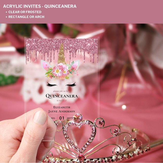 ACRYLIC Quinceanera Pink Unicorp Dripping Glitzer Acryleinladungen (Von Creator hochgeladen)