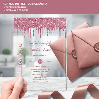 ACRYLIC Quinceanera Rose Gold Pink Glitzer Acryleinladungen