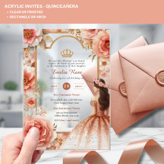 ACRYLIC Quinceanera Rose Gold Rosa Kleid Tiara Acryleinladungen
