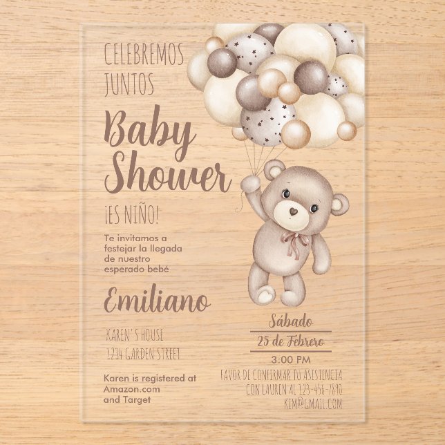 Acrylic Teddy Bear Baby Dusche Spanische Einladung (Vorderseite)