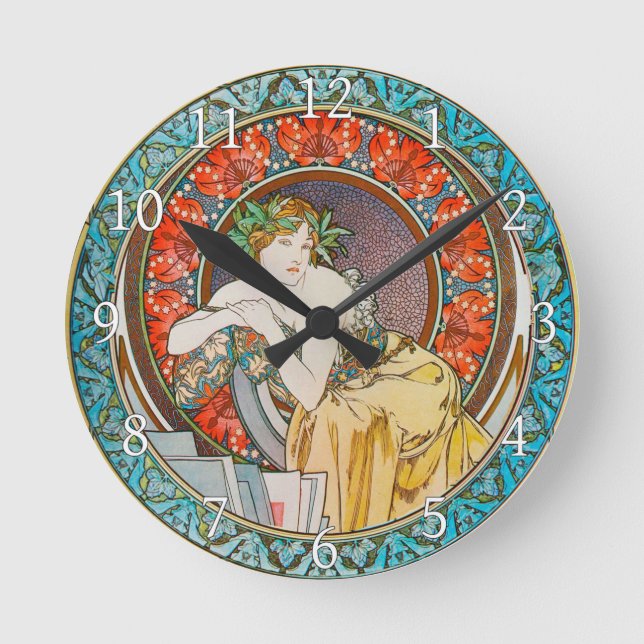 Acrylic Wall Clock Art Nouveau Alphonse Mucha 16 Runde Wanduhr (Vorderseite)