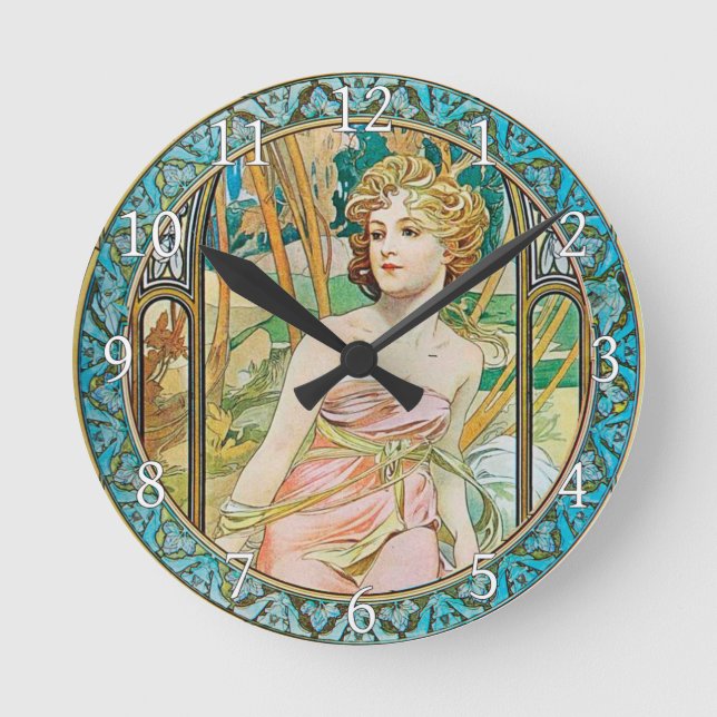 Acrylic Wall Clock Art Nouveau Alphonse Mucha 19 Runde Wanduhr (Vorderseite)