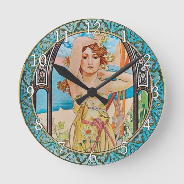 Acrylic Wall Clock Art Nouveau Alphonse Mucha 20 Runde Wanduhr (Vorderseite)