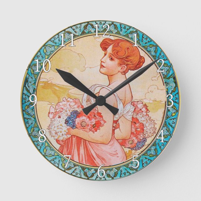 Acrylic Wall Clock Art Nouveau Alphonse Mucha 27 Runde Wanduhr (Vorderseite)