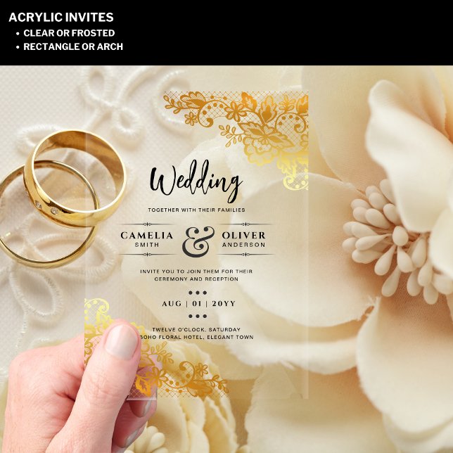 ACRYLIC Wedding lädt ein Elegantes Gold Lace Acryleinladungen (Von Creator hochgeladen)