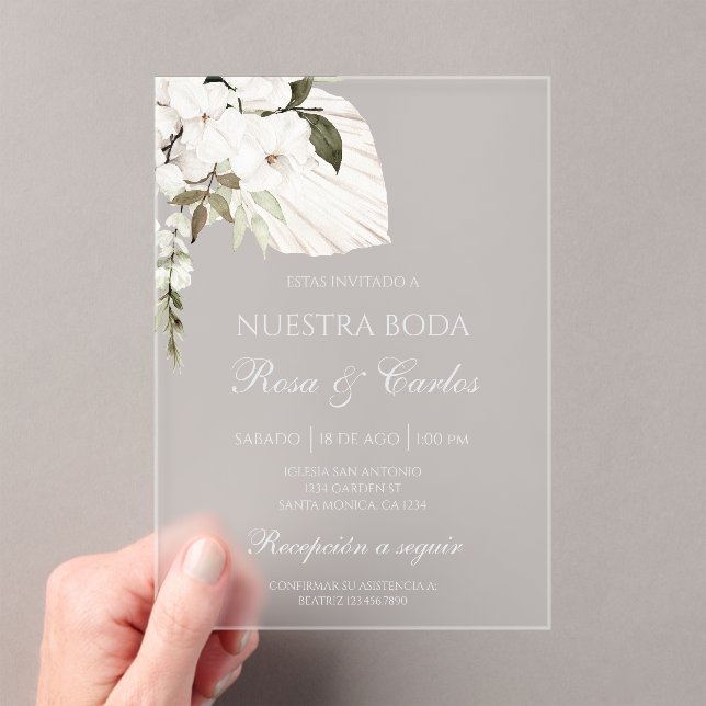 Acrylic white boho Spanish wedding Acryleinladungen (Insitu (Handheld))