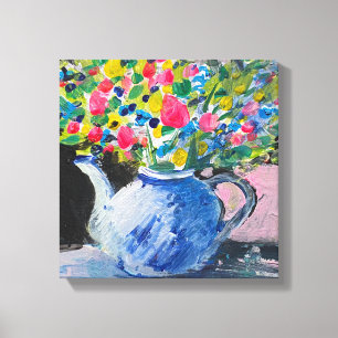 Acrylmalerei, bunte Blume im Teekessel Leinwanddruck