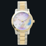 Acrylmauer Armbanduhr<br><div class="desc">Diese abstrakte lila Aquarellfarbe und das goldene Imitat bespritzen den Hintergrund mit Ihren individuellen Details.</div>