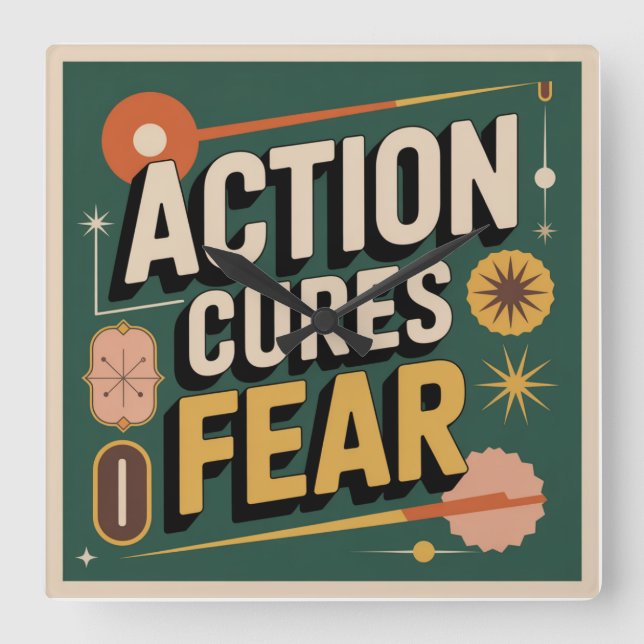 Action Cures Fear Quadratische Wanduhr (Vorderseite)