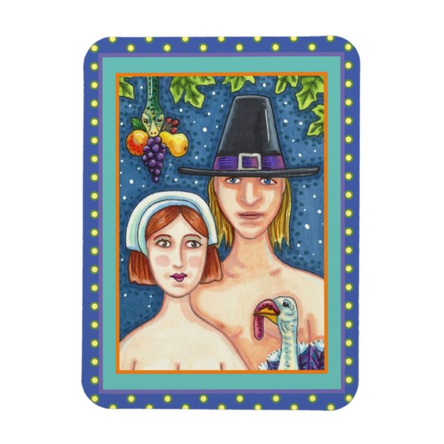 ADAM & EVE PILGRIMS, BIBLICAL WHIMSY ERNTEDANK MAGNET (Vertikal)
