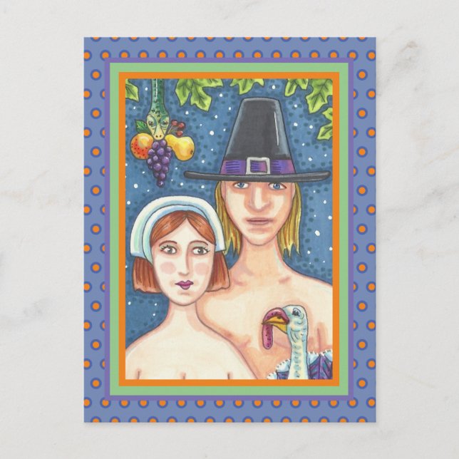 ADAM & EVE PILGRIMS, BIBLICAL WHIMSY ERNTEDANK POSTKARTE (Vorderseite)