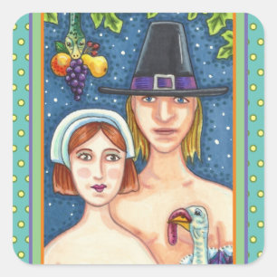 ADAM & EVE PILGRIMS, BIBLICAL WHIMSY ERNTEDANK QUADRATISCHER AUFKLEBER
