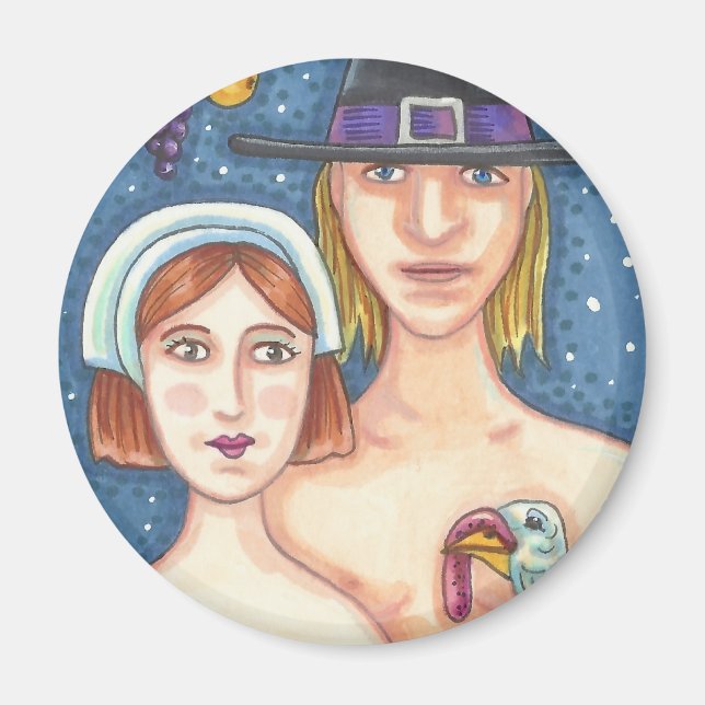 ADAM & EVE PILGRIMS, ERNTEDANK EDEN MAGNET RUND (Vorne)