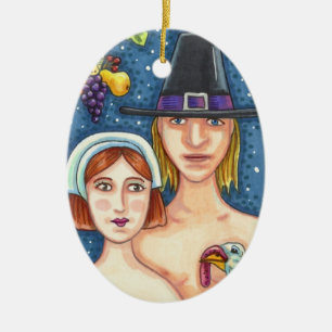 ADAM & EVE PILGRIMS ERNTEDANK HALTEN KERAMIK ORNAMENT